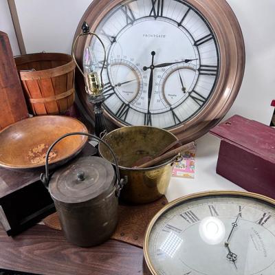 BIG time 2 large untested clocks . Wooden Boxes and metal pails