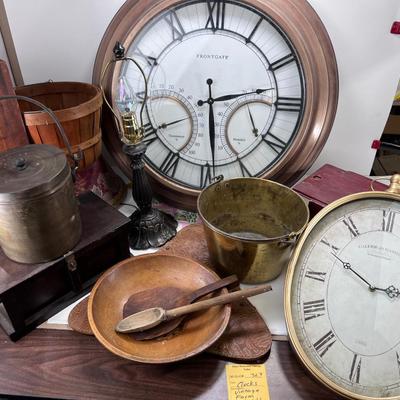BIG time 2 large untested clocks . Wooden Boxes and metal pails