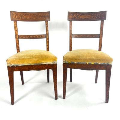 1162 Pair of Antique Dutch Marquetry Velvet Upholstery