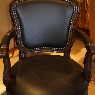 BLACK LEATHER UPHOLSTERED FRENCH STYLE CARVED FRAMED COUNTER CHAIRS