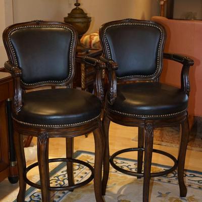 BLACK LEATHER UPHOLSTERED FRENCH STYLE CARVED FRAMED COUNTER CHAIRS