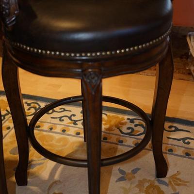 BLACK LEATHER UPHOLSTERED FRENCH STYLE CARVED FRAMED COUNTER CHAIRS
