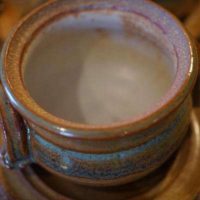 POTTERY SOUP TUREEN WITH EIGHT COVERED BOWLS / LADLE. HAND CRAFTED POTTERY IN EARTH TONES