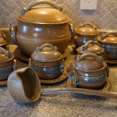 POTTERY SOUP TUREEN WITH EIGHT COVERED BOWLS / LADLE. HAND CRAFTED POTTERY IN EARTH TONES
