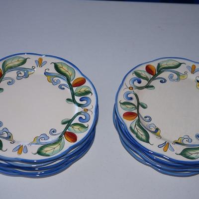 FITZ & FLOYD POTTERY "RICAMO" 11" DINNER PLATES (9) COLORFUL FOR THE FARMHOUSE KITCHEN