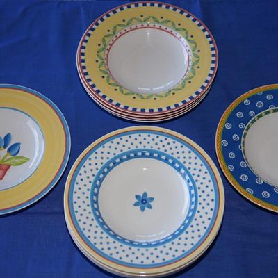VILLEROY AND BACH 9" LUNCHEON PLATES OF SPRING COLORS. /PARTY PERFECT PATTERNS