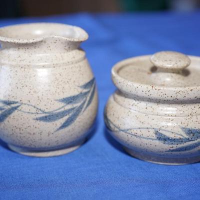 POTTERY CONDIMENT SET, HONEY JAR, SALT &  PEPPER, CREAMER AN SUGAR. HAND CRAFTED BLUES/BROWNS / EARTHTONE