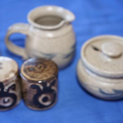 POTTERY CONDIMENT SET, HONEY JAR, SALT &  PEPPER, CREAMER AN SUGAR. HAND CRAFTED BLUES/BROWNS / EARTHTONE