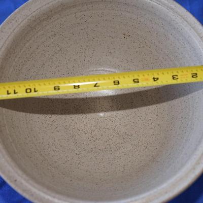 SIGNED 12"HAND THROWN POTTERY BOWL OF EARTHTONE & BLUE GRASSES /APPLIED HANDLES