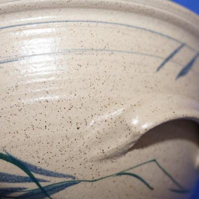 SIGNED 12"HAND THROWN POTTERY BOWL OF EARTHTONE & BLUE GRASSES /APPLIED HANDLES