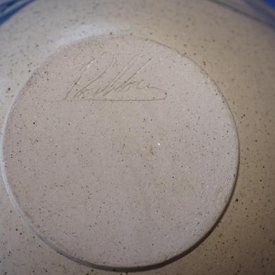 SIGNED 12"HAND THROWN POTTERY BOWL OF EARTHTONE & BLUE GRASSES /APPLIED HANDLES