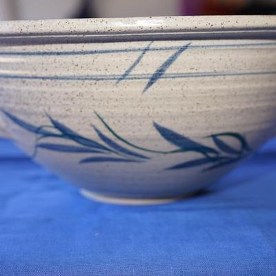 SIGNED 12"HAND THROWN POTTERY BOWL OF EARTHTONE & BLUE GRASSES /APPLIED HANDLES