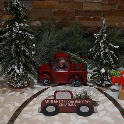 HOLIDAY GROUPING. WOODEN LITTLE TRUCK W/SANTA , PINE TREES ETC