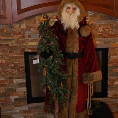 HOLIDAY SANTA OF 5 FT  HAND CRAFTED OF PAPER MACHIE /RESIN FACE . FAUX FUR TRIMMED VELVET COAT., STOCKING HAT TO MATCH, COTTON BEARD,...