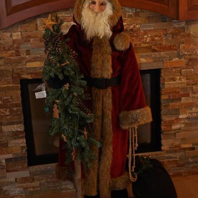 HOLIDAY SANTA OF 5 FT  HAND CRAFTED OF PAPER MACHIE /RESIN FACE . FAUX FUR TRIMMED VELVET COAT., STOCKING HAT TO MATCH, COTTON BEARD,...