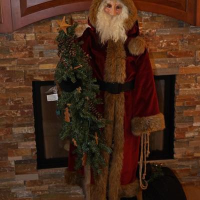 HOLIDAY SANTA OF 5 FT  HAND CRAFTED OF PAPER MACHIE /RESIN FACE . FAUX FUR TRIMMED VELVET COAT., STOCKING HAT TO MATCH, COTTON BEARD,...