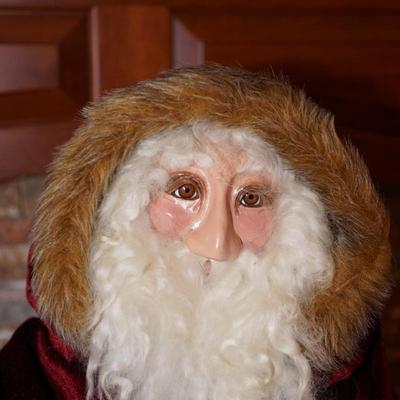 HOLIDAY SANTA OF 5 FT  HAND CRAFTED OF PAPER MACHIE /RESIN FACE . FAUX FUR TRIMMED VELVET COAT., STOCKING HAT TO MATCH, COTTON BEARD,...