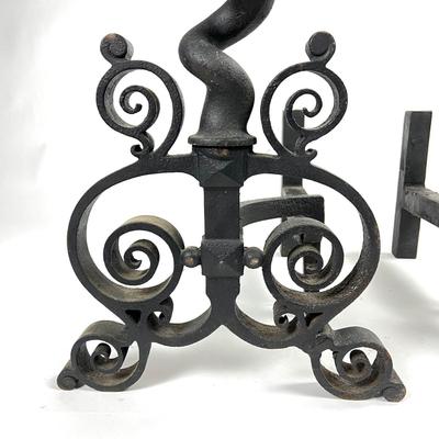 1215 Very Large Vintage Arts & Craft Style Iron Andirons