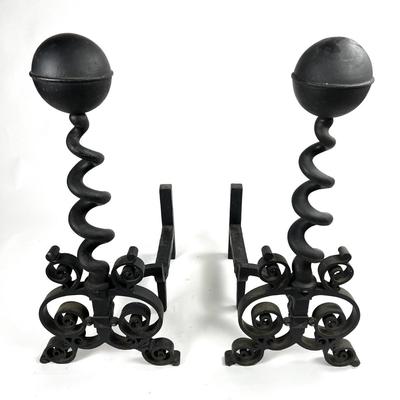 1215 Very Large Vintage Arts & Craft Style Iron Andirons