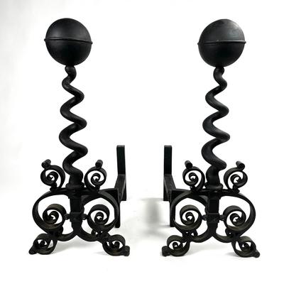 1215 Very Large Vintage Arts & Craft Style Iron Andirons