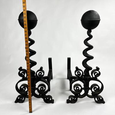 1215 Very Large Vintage Arts & Craft Style Iron Andirons