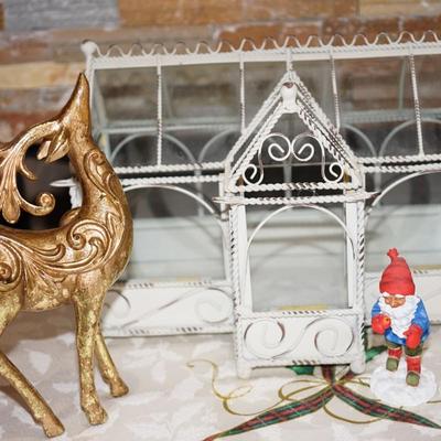 HOLIDAY GROUPING /GLASS AND WHITE FRAMED GREENHOUSE/ TWO BOXES OF FINE DEPT 56 GLASS TREES, GOLD TONE DEER OF MODERN DECOR AND A LITTLE...