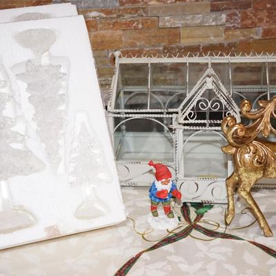 HOLIDAY GROUPING /GLASS AND WHITE FRAMED GREENHOUSE/ TWO BOXES OF FINE DEPT 56 GLASS TREES, GOLD TONE DEER OF MODERN DECOR AND A LITTLE...