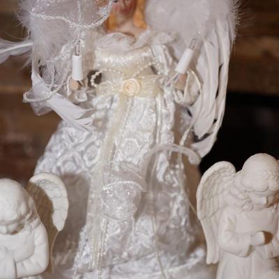 GROUPING OF ANGELS TWO BISQUE /BOUQUET OF FLOWERS WHICH  LIGHT. JEWELED CROSS DECORATIVE E ORNAMENT