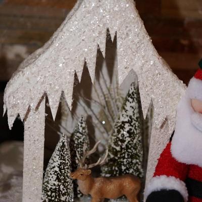 HOLIDAY GROUPING TO INCLUDE CARBOARD DECORATED HOUSE W/DEER/CLOTH SANTA /COLORFUL STOCKING AND GLASS TREE