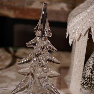 HOLIDAY GROUPING TO INCLUDE CARBOARD DECORATED HOUSE W/DEER/CLOTH SANTA /COLORFUL STOCKING AND GLASS TREE