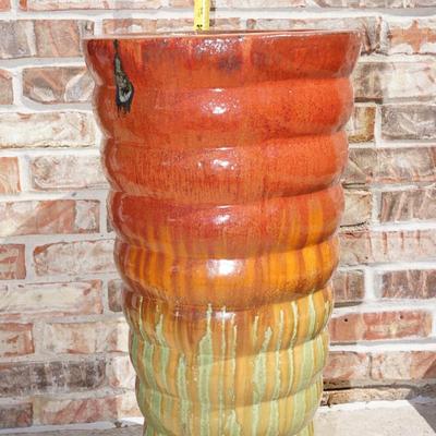 GARDEN FLOWER CERAMIC TALL PLANTER OF SLIP GLAZE ORANGE  , YELLOW AND GREEN