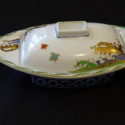 Vintage Japanese Porcelain Stacking 4 Tier Rice Soup Jubako Bento Box Bowls and a Sushi Boat Shaped Plate with Lid