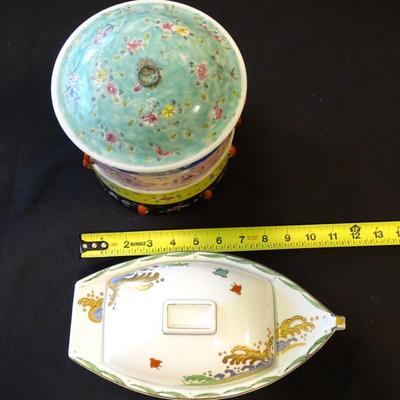Vintage Japanese Porcelain Stacking 4 Tier Rice Soup Jubako Bento Box Bowls and a Sushi Boat Shaped Plate with Lid