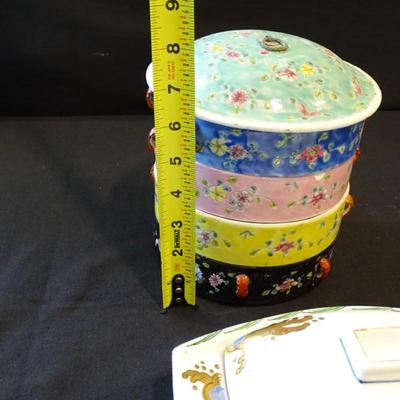 Vintage Japanese Porcelain Stacking 4 Tier Rice Soup Jubako Bento Box Bowls and a Sushi Boat Shaped Plate with Lid