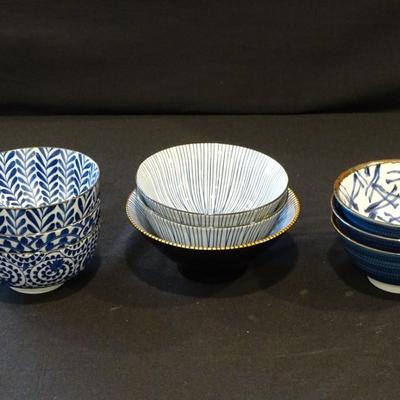 Beautiful Grouping of Three Sets of (3) Small Japanese Rice Bowls