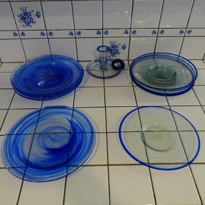 Eclectic Artisan Grouping of Two Sets of (4) Plates, and x1 Glass Vase
