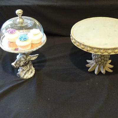 Set of Stag Head Cake Plate with Glass Dome, and Sculpted Pineapple Cake Plate Stands