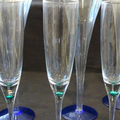 Two Sets of Flute Champagne Glasses, one set with Cobalt Blue  Base