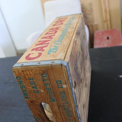 Vintage Two Oil Lamps and Wooden Milk Crate w Bottles; x11 Glass Milk Bottles