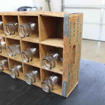 Vintage Two Oil Lamps and Wooden Milk Crate w Bottles; x11 Glass Milk Bottles
