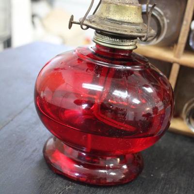 Vintage Two Oil Lamps and Wooden Milk Crate w Bottles; x11 Glass Milk Bottles