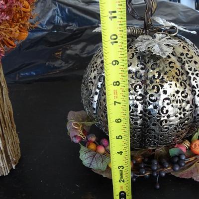 Fall DÃ©cor; Laser Cut Metal Pumpkin, Dry Flower and Reed Bouquet