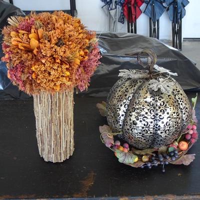 Fall DÃ©cor; Laser Cut Metal Pumpkin, Dry Flower and Reed Bouquet