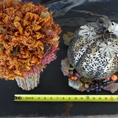 Fall DÃ©cor; Laser Cut Metal Pumpkin, Dry Flower and Reed Bouquet