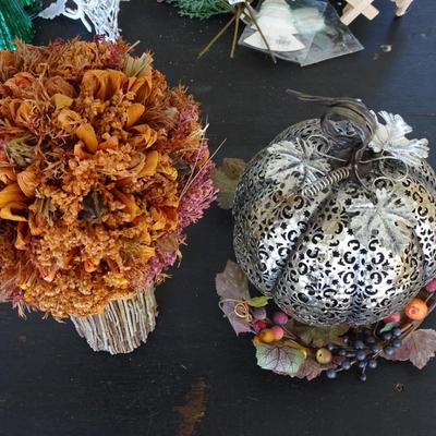 Fall DÃ©cor; Laser Cut Metal Pumpkin, Dry Flower and Reed Bouquet