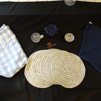 Morning Coffee Set:  Set of (8) Round Placemats, (2) Round Tablecloths, (2) Coffee Cups