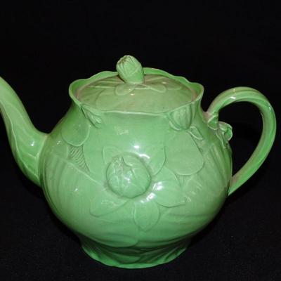 Vintage 1930's Nautical Motif Teapot, 1940's Musical Teapot Green Water Lilies, and Antique Cheese Keeper