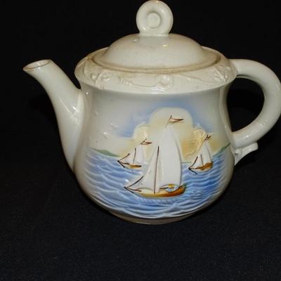 Vintage 1930's Nautical Motif Teapot, 1940's Musical Teapot Green Water Lilies, and Antique Cheese Keeper
