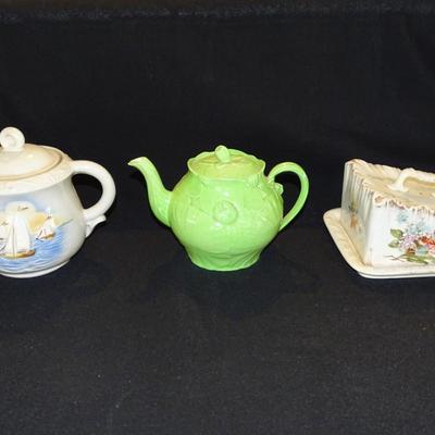 Vintage 1930's Nautical Motif Teapot, 1940's Musical Teapot Green Water Lilies, and Antique Cheese Keeper