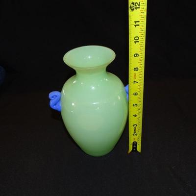 Beautiful Collection of Blue and Light Green Decor; Table Runner, Tall Candelabra (18"), and Glass Vase